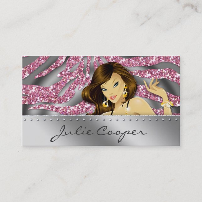 Jewellery Business Card Pink Woman Zebra Silver (Front)