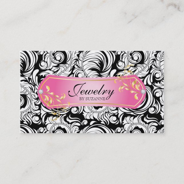 Jewellery Business Card SALE Swirls Black Pink Gol (Front)