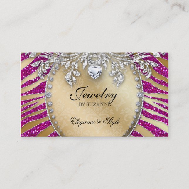 Jewellery Business Card Zebra Glitter Pink Gold (Front)