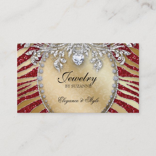 Jewellery Business Card Zebra Glitter Red Gold (Front)