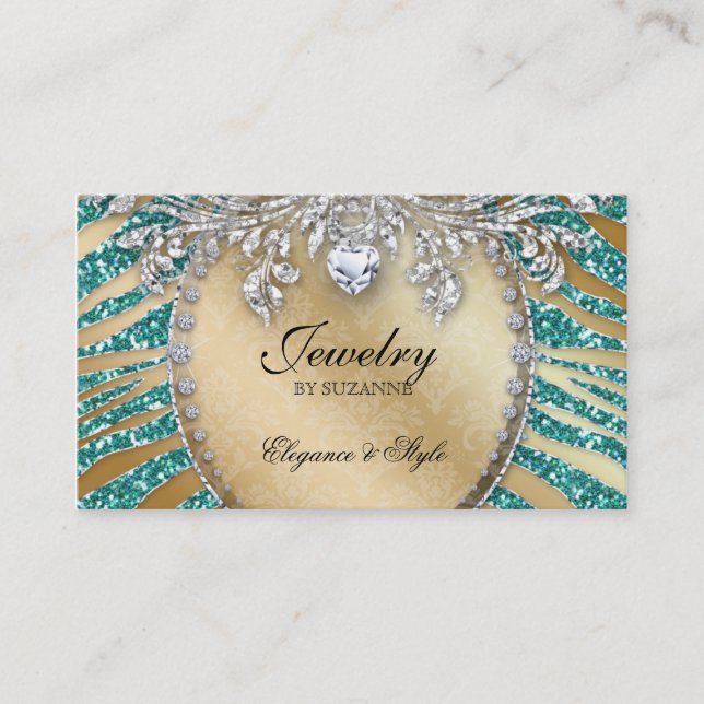 Jewellery Business Card Zebra Glitter Teal Gold (Front)