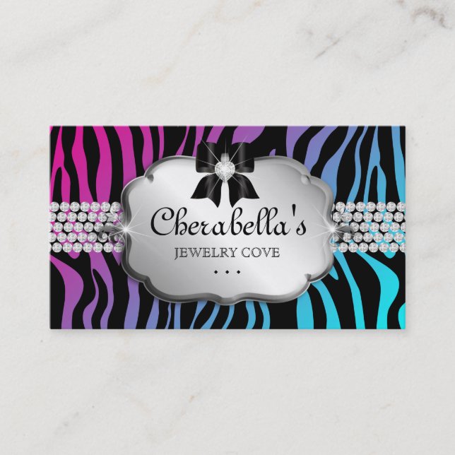 Jewellery Business Card Zebra Purple Blue Bow (Front)