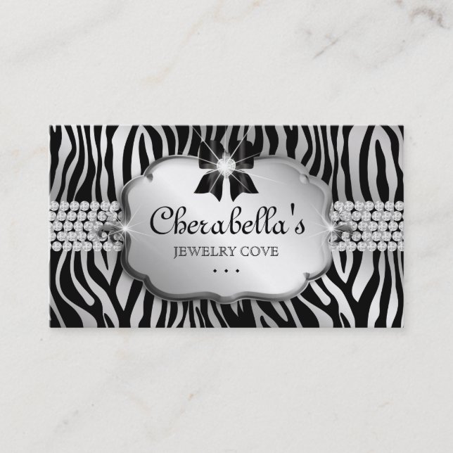 Jewellery Business Card Zebra Silver Bow Heart (Front)