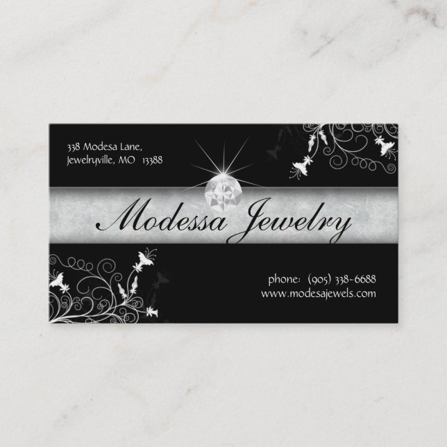 Jewellery Business Cards Birthstones Floral Black (Front)