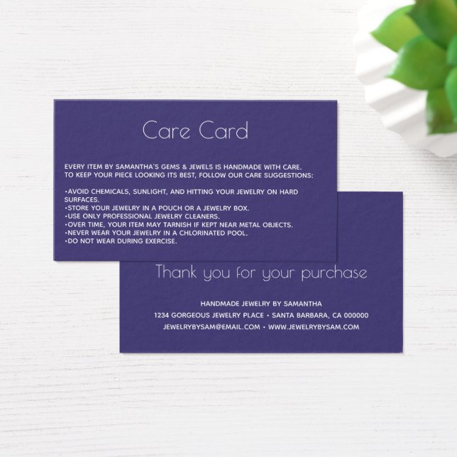 Jewellery Care Card Instructions with logo  Purple (Desk)