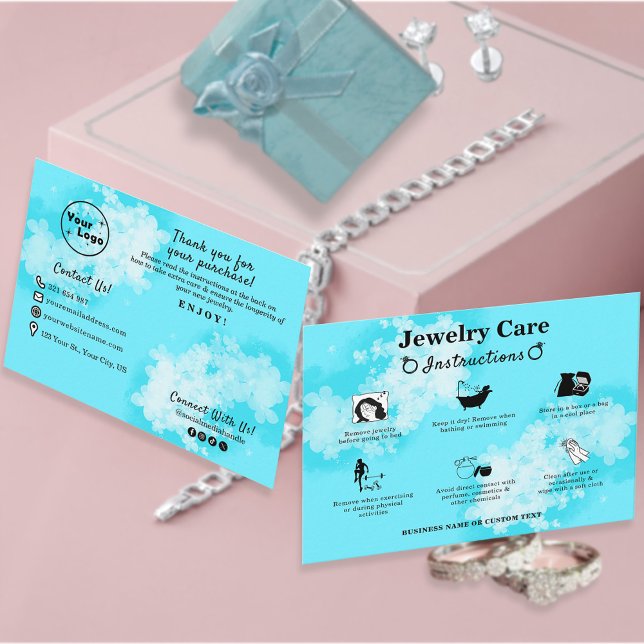 Jewellery Care Guide Modern Cute Blue Floral Enclosure Card (Creator Uploaded)