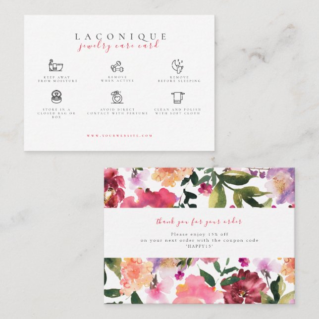  Jewellery Care Instructions | Watercolor Flower Business Card (Front/Back)