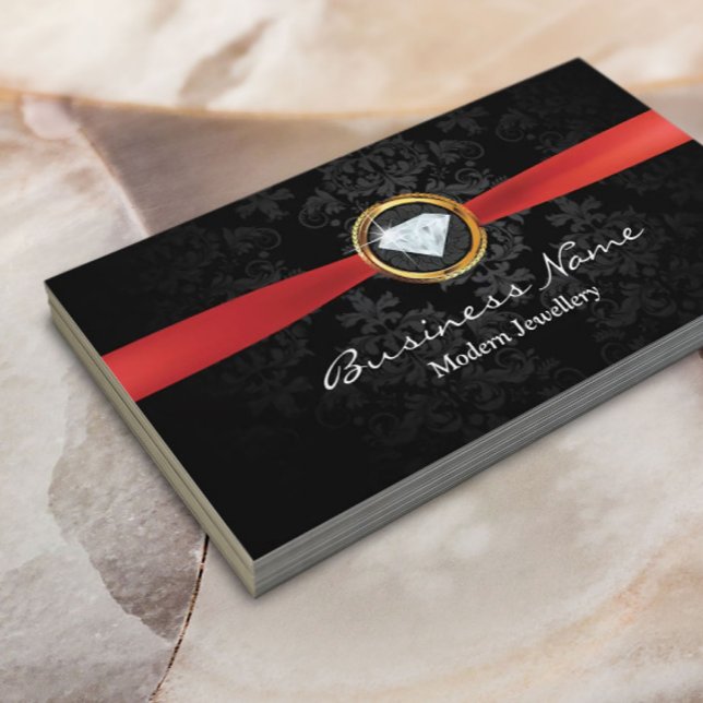 Jewellery Designer Red Ribbon Damask Modern Business Card (Creator Uploaded)