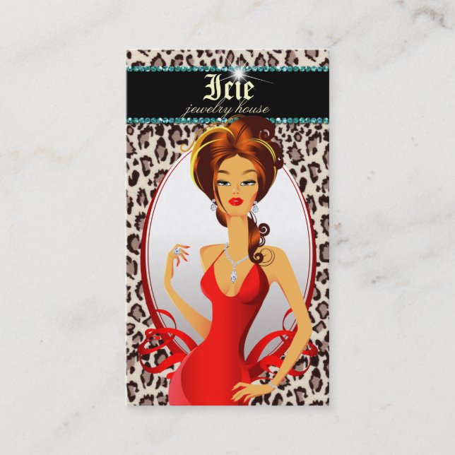 Jewellery Diamonds Red Leopard Beige Teal Business Card (Front)