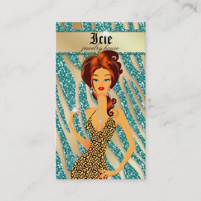 Jewellery Diamonds Red Zebra Beige Teal Leopard Business Card (Front)