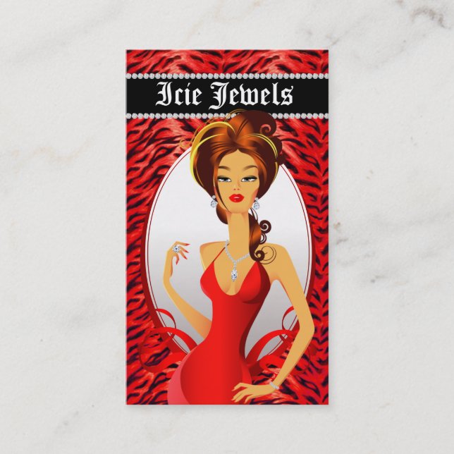 Jewellery Diamonds Red Zebra Heart Business Card (Front)