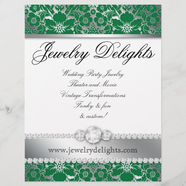 Jewellery Flyer Hair Salon Floral Damask Green (Front)