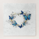 Jewellery Heart with Butterflies Morpho Jigsaw Puzzle<br><div class="desc">Jewelled,  golden heart with blue and white realistic butterflies morpho. Morpho. Design with blue butterflies morpho.</div>