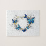 Jewellery Heart with Butterflies Morpho Jigsaw Puzzle<br><div class="desc">Jewelled,  golden heart with blue and white realistic butterflies morpho. Morpho. Design with blue butterflies morpho.</div>