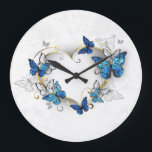Jewellery Heart with Butterflies Morpho Large Clock<br><div class="desc">Jewelled,  golden heart with blue and white realistic butterflies morpho. Morpho. Design with blue butterflies morpho.</div>
