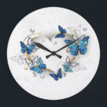 Jewellery Heart with Butterflies Morpho Large Clock<br><div class="desc">Jewelled,  golden heart with blue and white realistic butterflies morpho. Morpho. Design with blue butterflies morpho.</div>