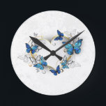 Jewellery Heart with Butterflies Morpho Round Clock<br><div class="desc">Jewelled,  golden heart with blue and white realistic butterflies morpho. Morpho. Design with blue butterflies morpho.</div>