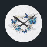 Jewellery Heart with Butterflies Morpho Round Clock<br><div class="desc">Jewelled,  golden heart with blue and white realistic butterflies morpho. Morpho. Design with blue butterflies morpho.</div>