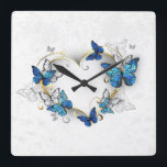 Jewellery Heart with Butterflies Morpho Square Wall Clock<br><div class="desc">Jewelled,  golden heart with blue and white realistic butterflies morpho. Morpho. Design with blue butterflies morpho.</div>