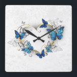 Jewellery Heart with Butterflies Morpho Square Wall Clock<br><div class="desc">Jewelled,  golden heart with blue and white realistic butterflies morpho. Morpho. Design with blue butterflies morpho.</div>