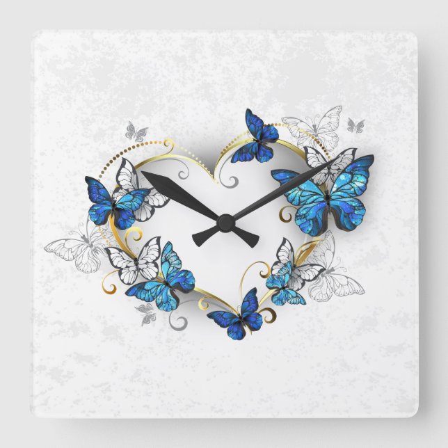 Jewellery Heart with Butterflies Morpho Square Wall Clock (Front)