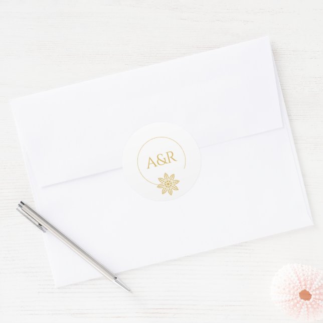 Jewellery inspired frame & initials white wedding classic round sticker (Envelope)