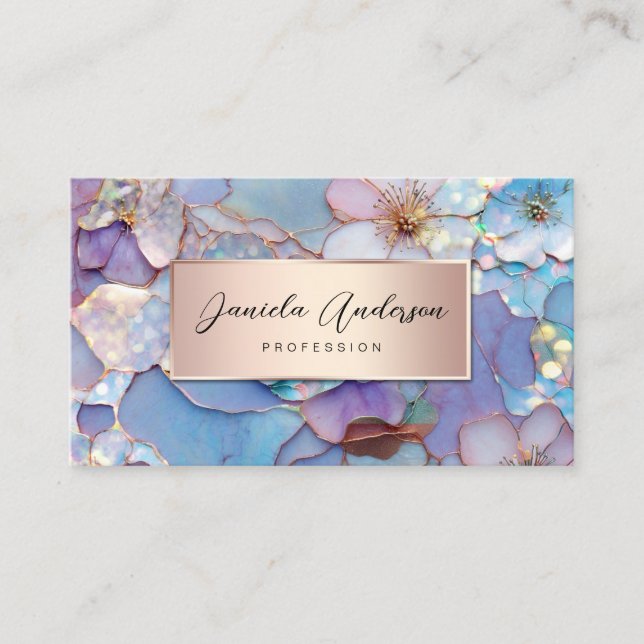 Jewellery Luxury Flowers, Chic Opal Textures QR Co Business Card (Front)