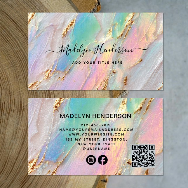 Jewellery Opal Brush Gold QR Code Social Media  Business Card (Creator Uploaded)