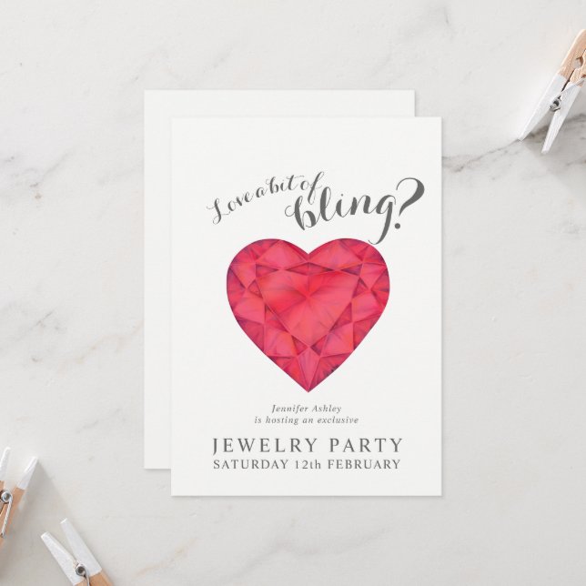 Jewellery party invites ruby red love bling (Front/Back In Situ)