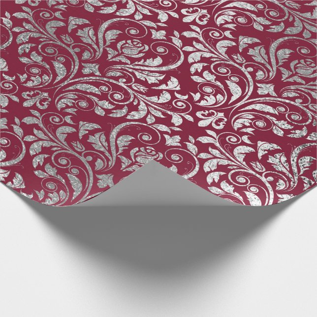 Jewellery Royal Damask Floral Maroon Burgundy Silv Wrapping Paper (Corner)