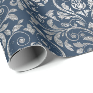 Jewellery Royal Ornament Damask Blue Navy Silver Wrapping Paper
