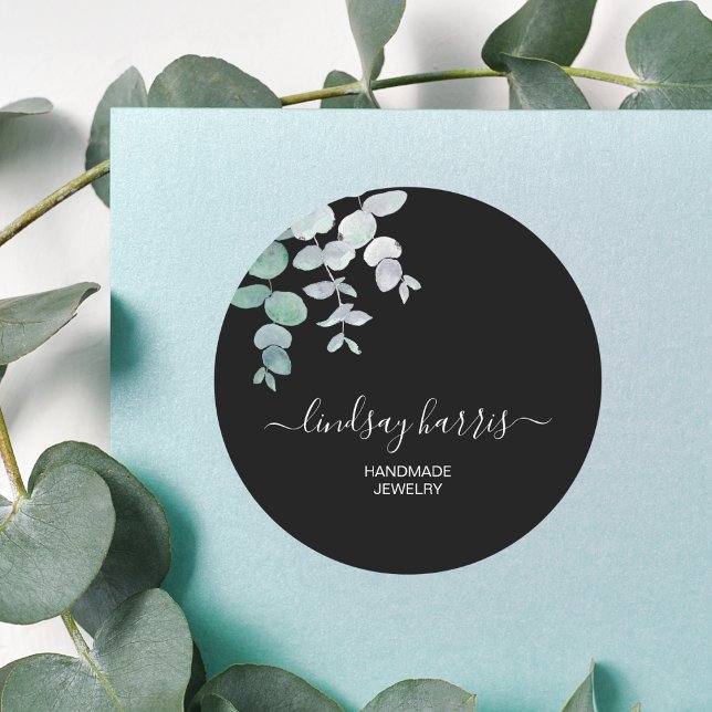 Jewellery Watercolor Eucalyptus Black Classic Round Sticker (Creator Uploaded)