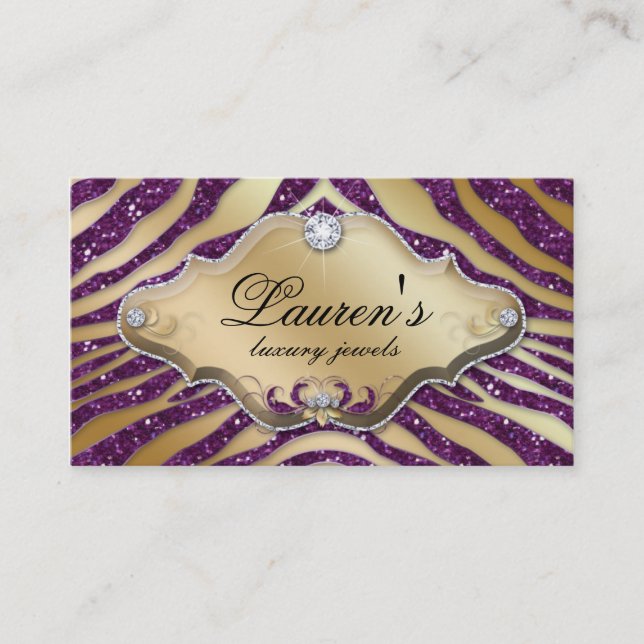 Jewellery Zebra Business Card Sparkle Purple Gold  (Front)