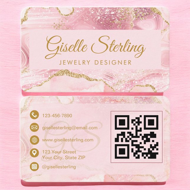 Jewelry Designer Pink Gold Agate QR Code Business Card (Creator Uploaded)
