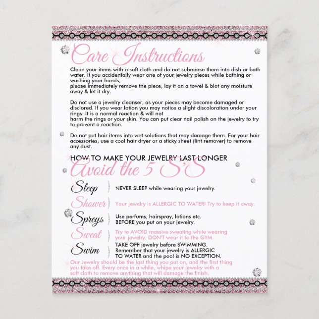 Jewelry Last Longer Care Instruction Tips Flyer (Front)