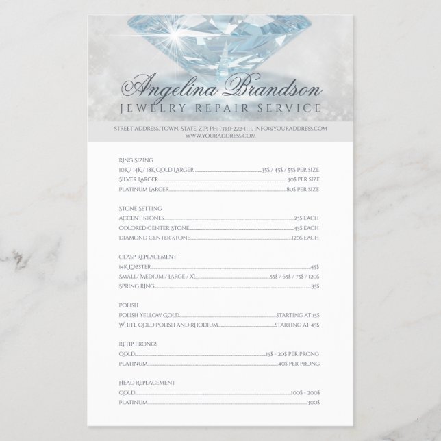 Jewelry Repair Price List Sparkling Diamond Flyer (Front)