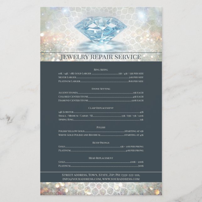Jewelry Repair Price List Sparkling Diamond Flyer (Front)