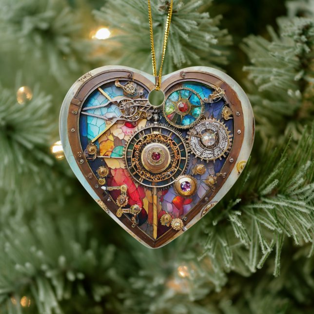 Jewels And Stained Glass Heart Steampunk Series Ceramic Ornament (Tree)