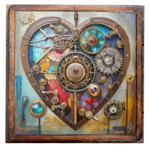 Jewels And Stained Glass Heart Steampunk Series Ceramic Tile