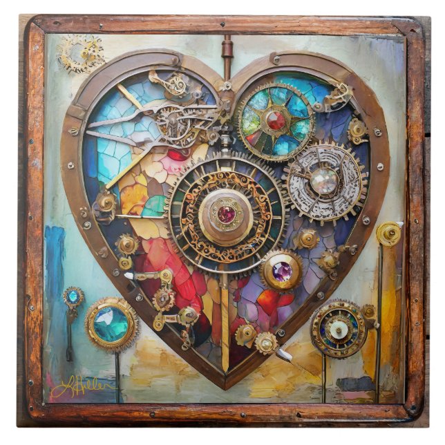 Jewels And Stained Glass Heart Steampunk Series Ceramic Tile (Front)