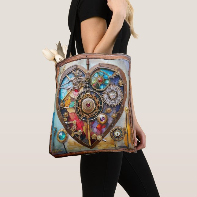 Jewels And Stained Glass Heart Steampunk Series Tote Bag (Close Up)