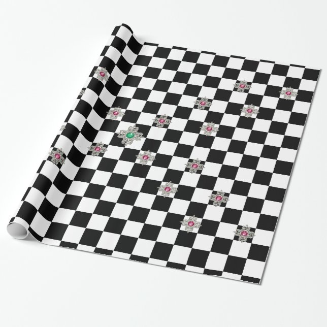 Jewels Black and White Chequerboard Wrapping Paper (Unrolled)
