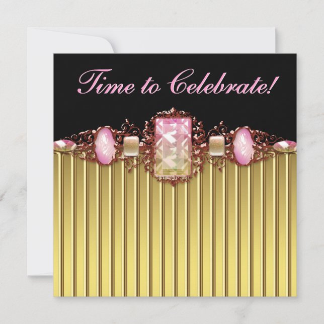 Jewels Pink Black Gold Birthday Party Invitation (Front)