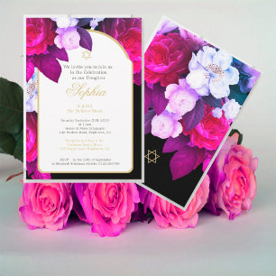 Jewish Baby Naming Floral Purple Black Gold  Invitation