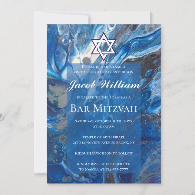Jewish Bar Mitzvah Blue Fluid Art Invitation (Front)