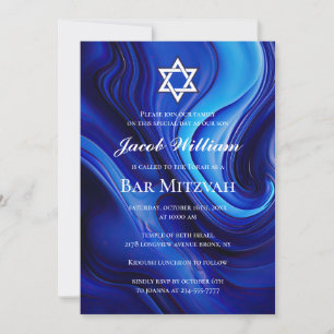 Jewish Bar Mitzvah Blue Fluid Art Invitation