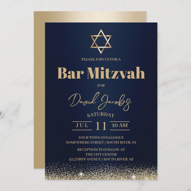 Jewish Bar Mitzvah Modern Navy Blue & Gold Invitation (Front/Back)