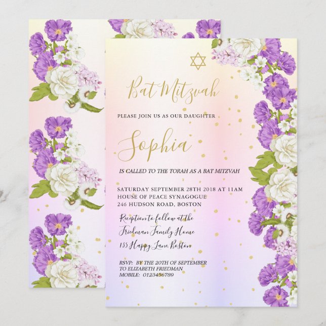 Jewish Bat Mitzvah Purple Floral Gold Hebrew  Invitation (Front/Back)