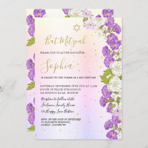 Jewish Bat Mitzvah Purple Floral Gold Hebrew Invitation