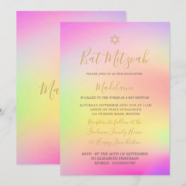 Jewish Bat Mitzvah Rainbow Gold Girls Hebrew  Invitation (Front/Back)